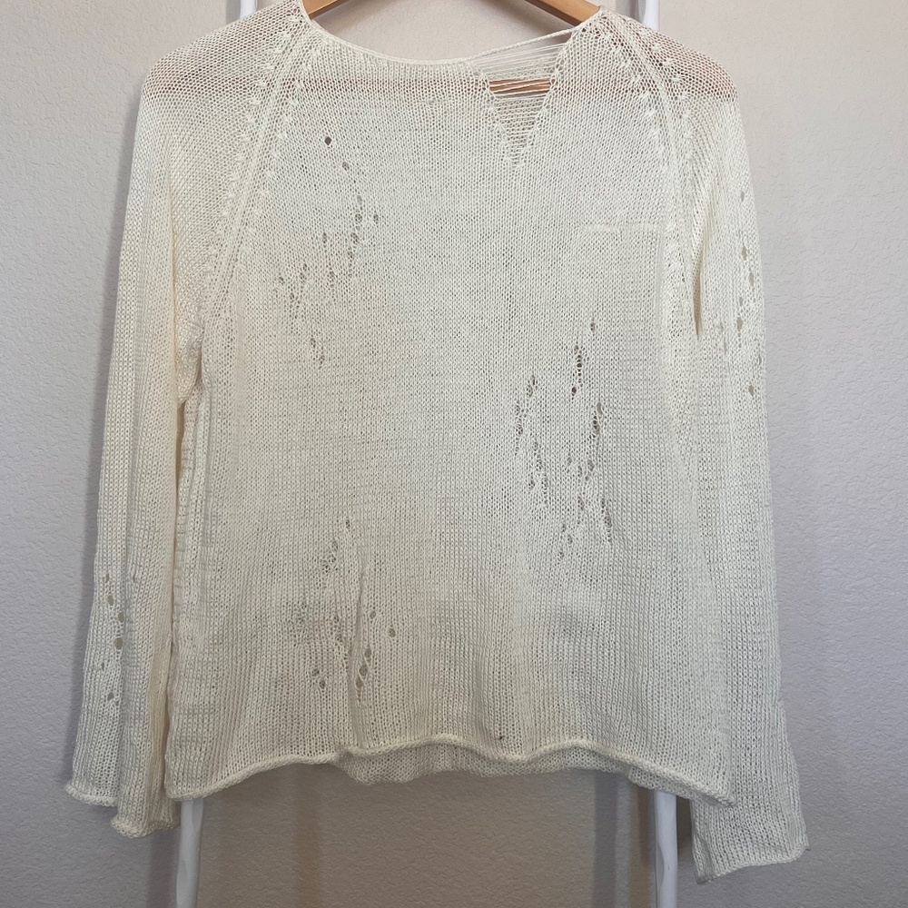 Handmade - hand knit white silk thread sweater size S-M in distressed pattern.